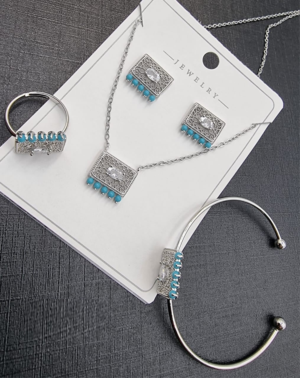 Silver Rectangle Crystal & Pearl Jewelry Set