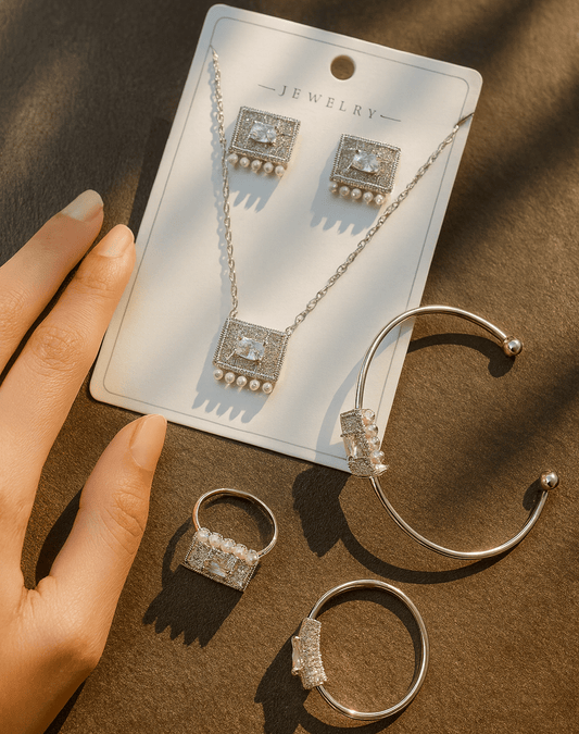 Silver Rectangle Crystal & Pearl Jewelry Set