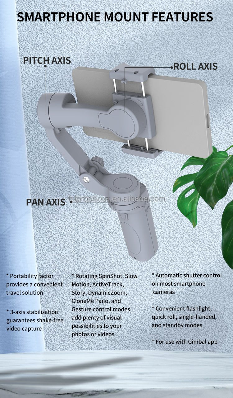 Handheld Gimbal – A 3-Axis smartphone stabilizer designed for smooth, cinematic video capture with smart features like face tracking and time lapse.